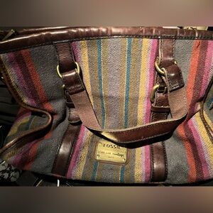 Fossil Striped Wool & Leather Crossbody Handbag Purse
